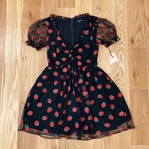 Black Red Strawberry Pattern Dress NWT Smak Parlour Cute Glitter Fruit Medium